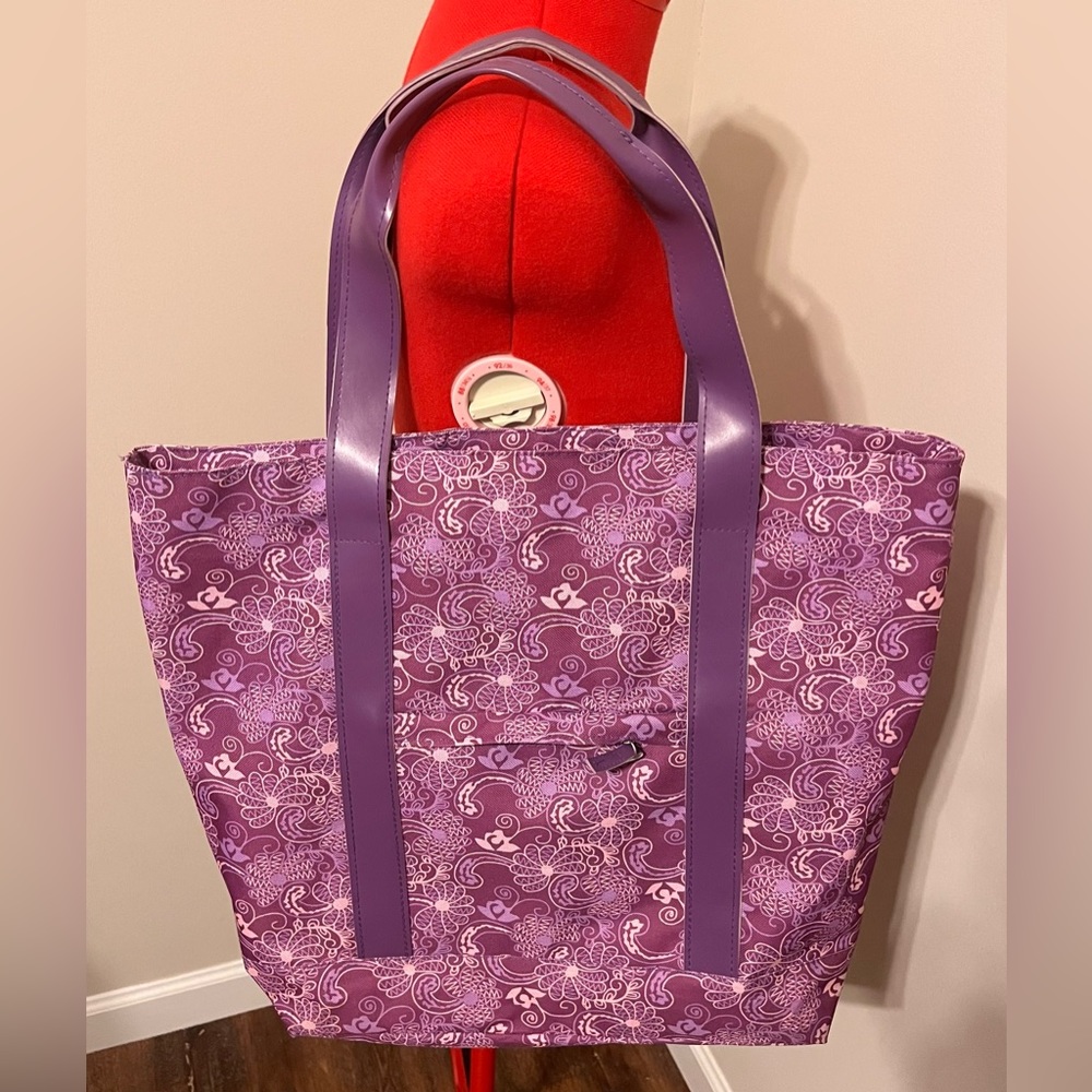 Magenta Flower-pattern Canvas Zip Tote, waterproof